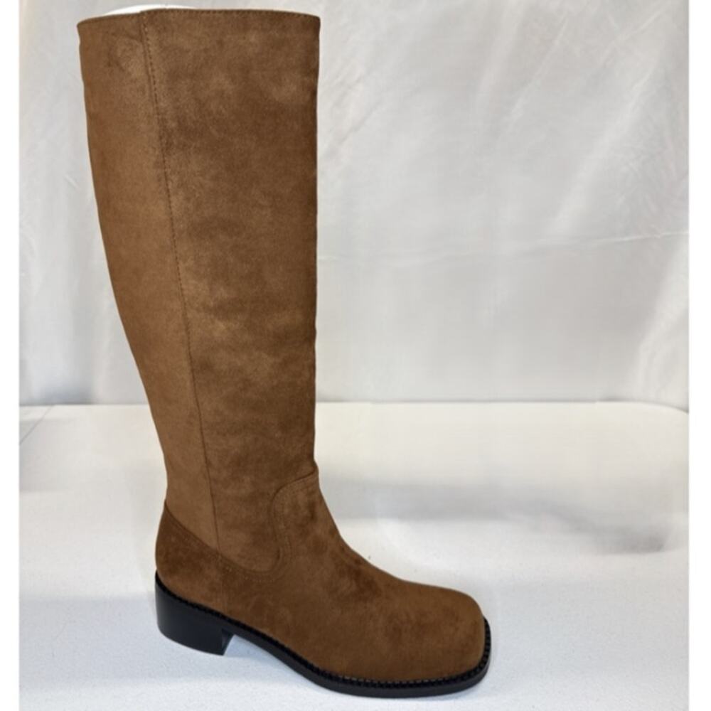 Womens Suede Knee High Boots Tan Brown Low Block Heel Square Toe Size 7